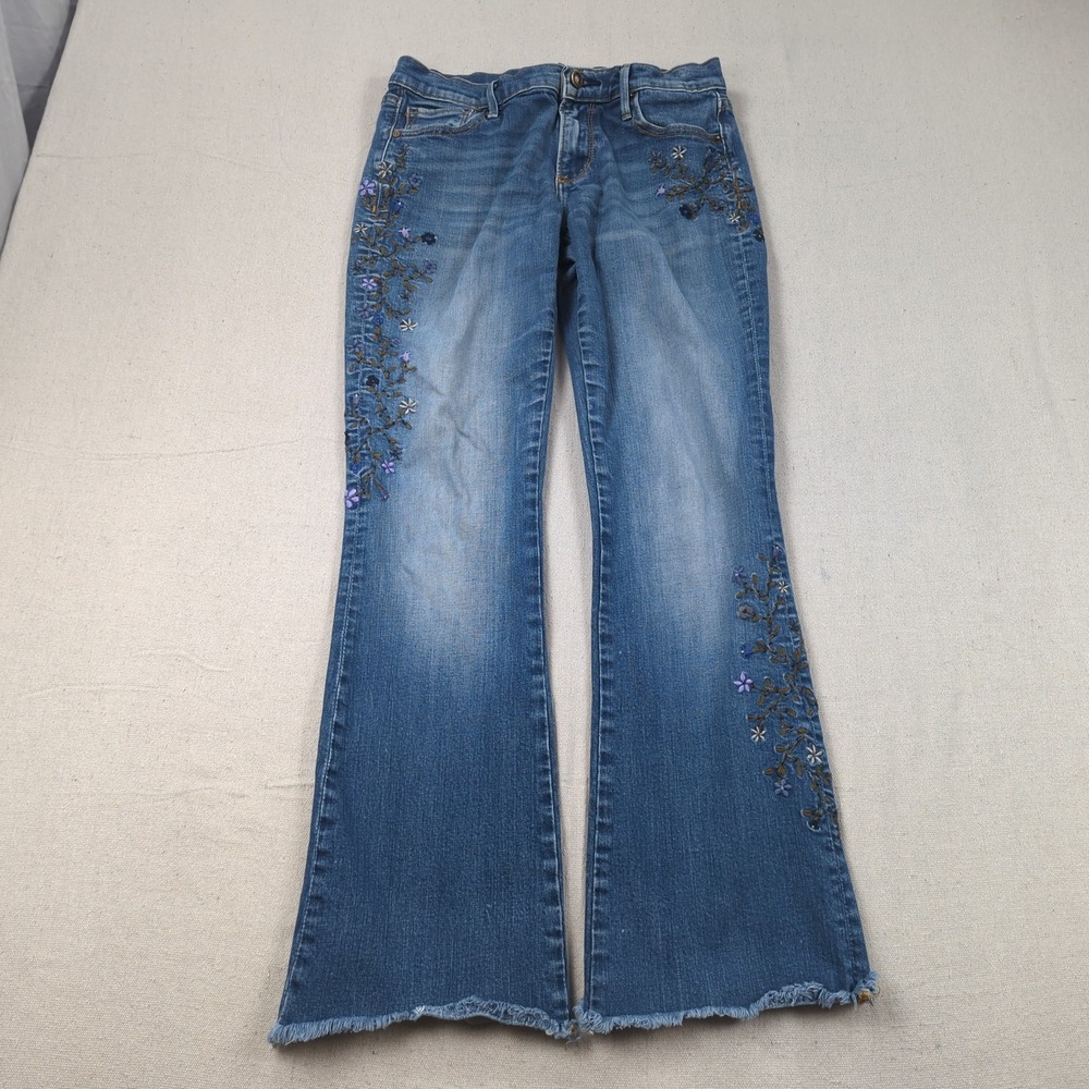 Driftwood Jeans Womens 26 Blue Eva Embroidered Floral Roses Flare Frayed